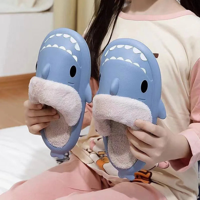 Winter Women Shark Slippers Couple Removable Liner Indoor Warm Cute Shark Slides Plush Cotton Flip Flops Home Indoor Cotton Shoe