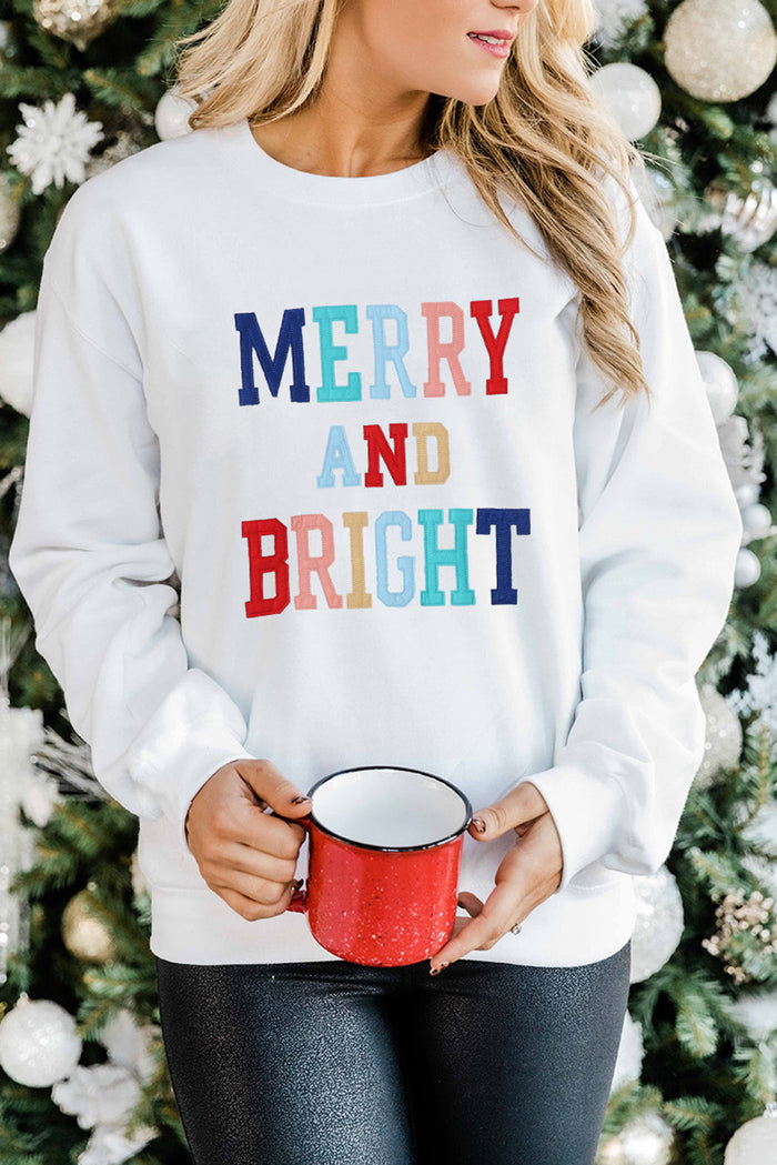 White MERRY AND BRIGHT Stitching Graphic Sweatshirt