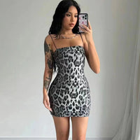 Dulzura Leopard Print Spaghetti Shoulder Strap Square Collar Mini Dress Sparkly Sequins 2023 Summer Women Party Club Y2K Clothes