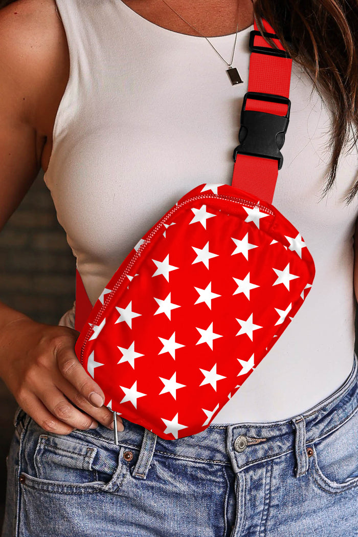 Fiery Red Star Printed Buckle Strap Flag Day Crossbody Bag