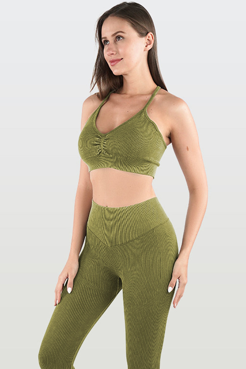 Guacamole Green Seamless Ribbed Spaghetti Straps Bra Leggings Sports Set