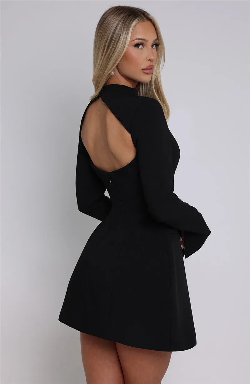 Mozision Long Sleeve Backless Sexy Mini Dress For Women Autumn Winter New O Neck High Waist A-line Club Party Sexy Dress Elegant