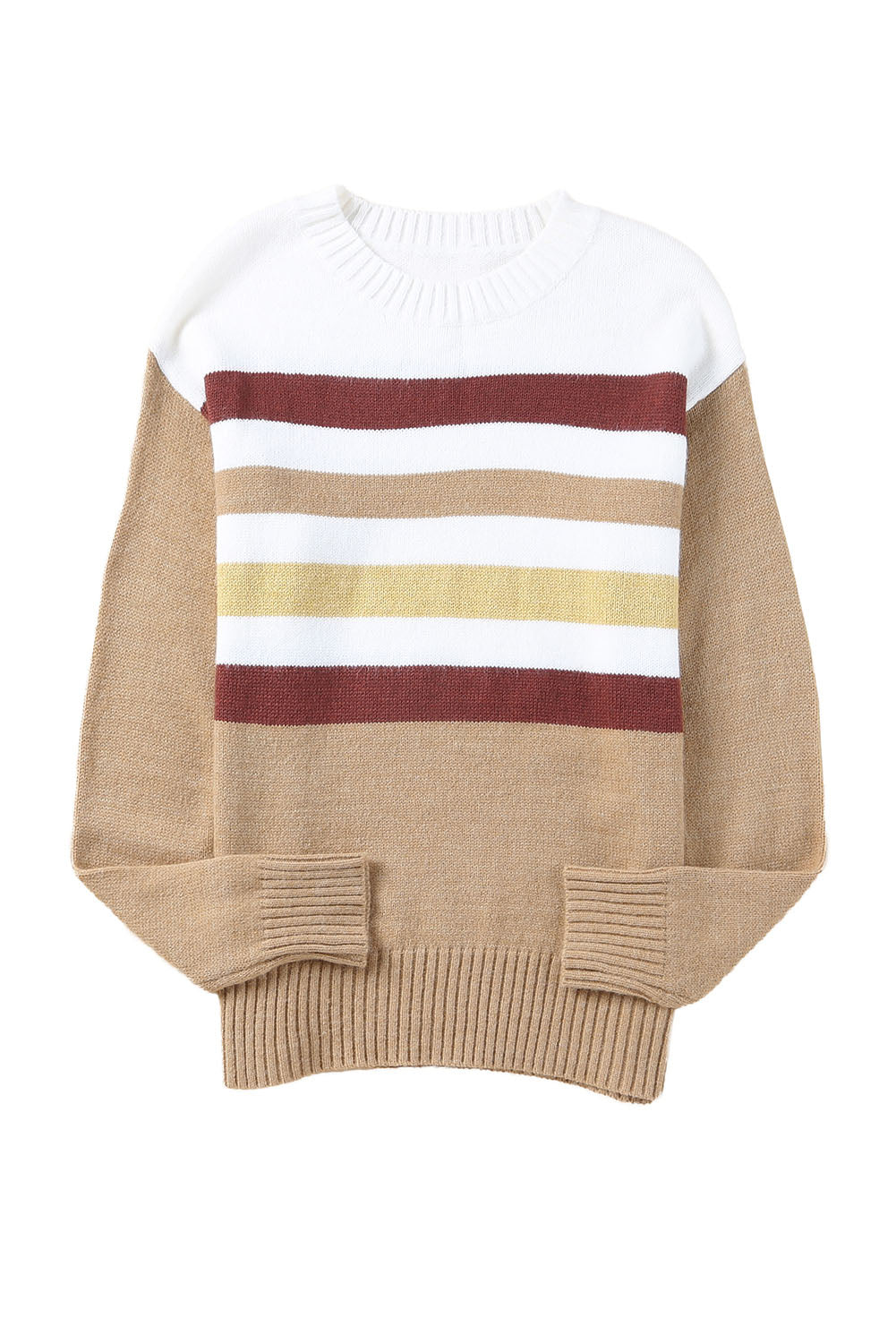 Khaki Crew Neck Striped Long Sleeve Sweater