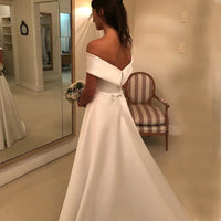 Simple A Line Wedding Dresses Satin Off The Shoulder Wedding Bridal Gowns Sweep Train Casual Dresses Zipper With Buttons Back