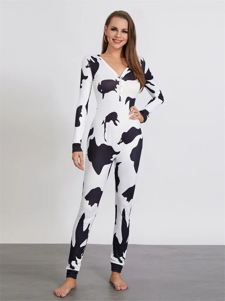 Women Buttoned Flap Jumpsuits Sleepwear Cow Printed Long Sleeve V Neck Bodycon Romper Spring Fall Loungewear