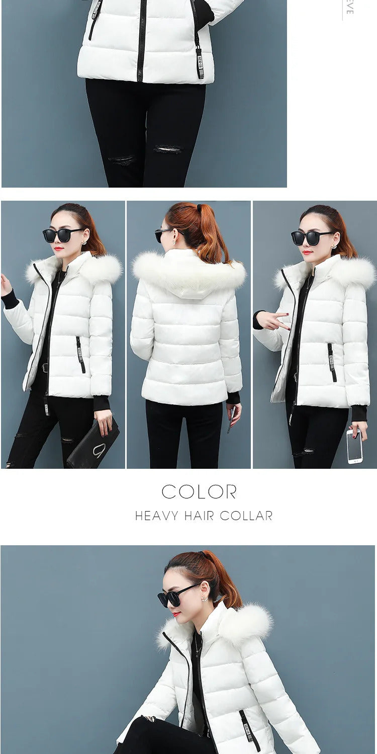 Zipper Fur Hooded Short Down Cotton Jacket Thickened Coat Fall Winter Casual Elegant Long Sleeve Warm Pockets Women Clothing New