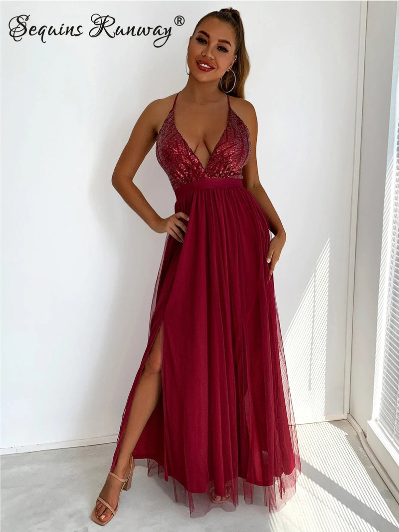 Sexy backless slip Sequin corset maxi summer dress women mesh long bodycon red Christmas party dress bridesmaid evening dresses