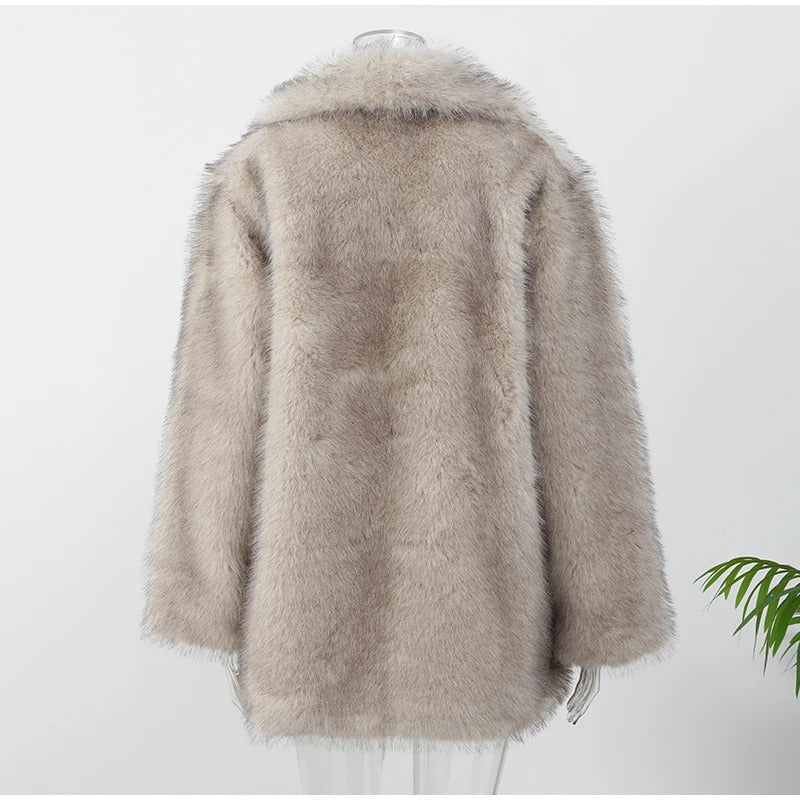 Luxury Fluffy Women Faux Fur Overcoat Fashion Lapel Long Sleeve Pockets Cardigan Jacket Winter Female Chic Thick Streetwear 2024