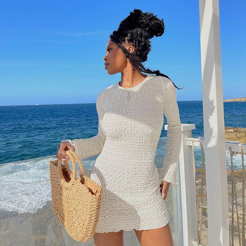 wsevypo Backless Bandage White Beach Dress 2022 New Holiday Casual Streetwear Women Long Sleeve O-Neck Wrap Short Dresses