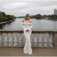 Elegant Off Shoulder Lace Maxi Dress Women Fashion Hollow Out Long Flare Sleeve Slim Dresses 2024 New Female Evening Party Gowns