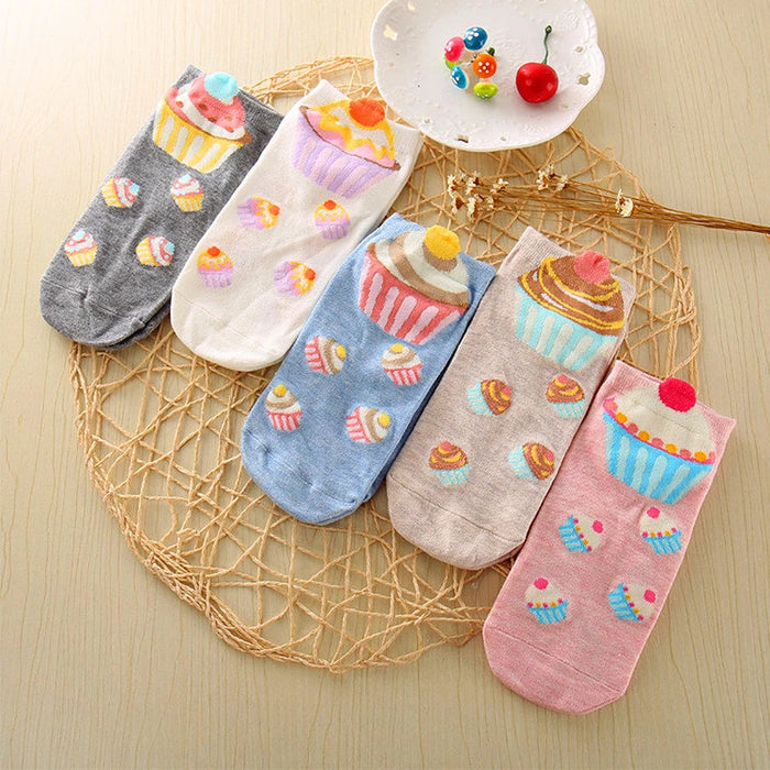 5 Pairs Women Short Socks Cute Cupcake Cartoon Funny Kawaii Candy Color Harajuku Korean Style Comfortable Female Ankle Socks Sox