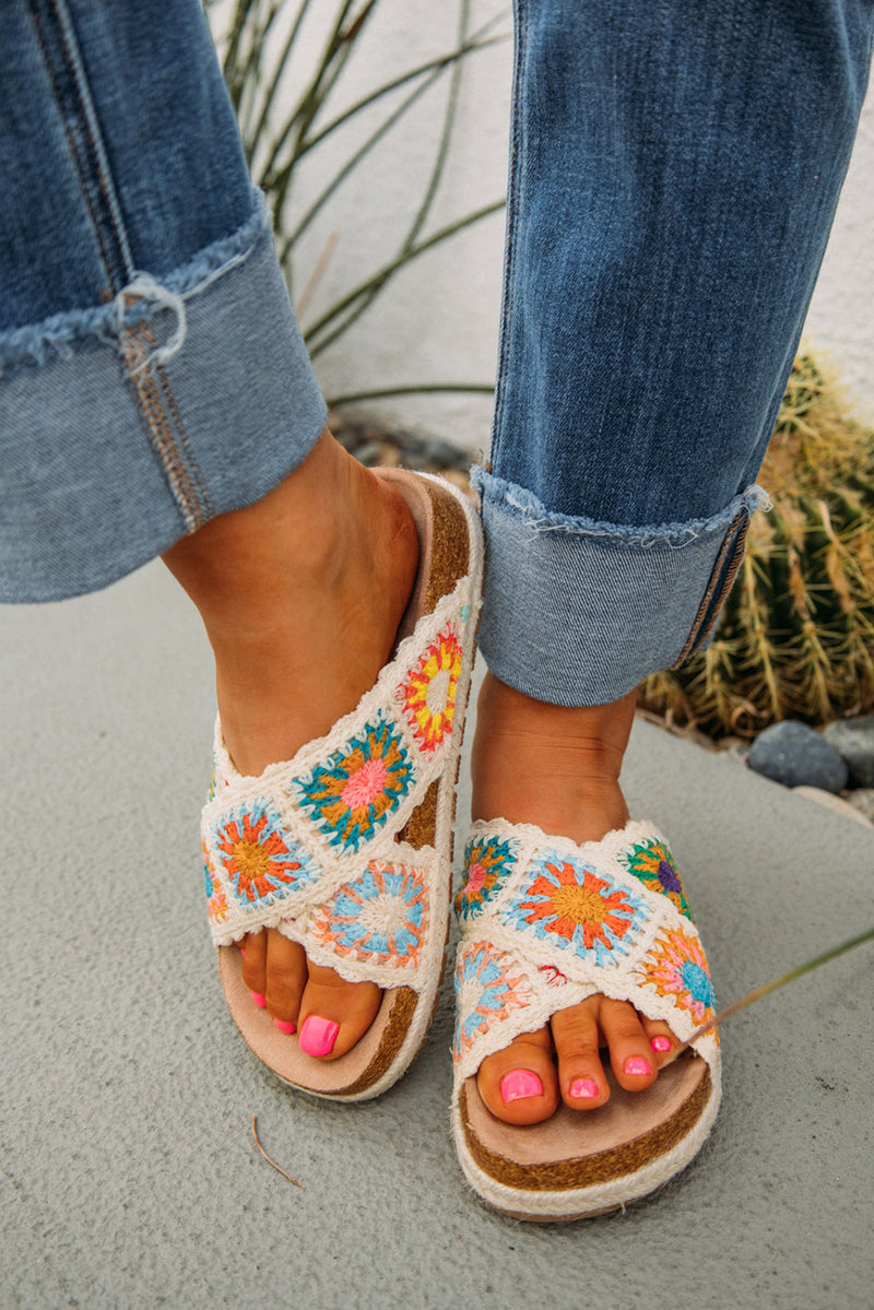 Beige Crochet Criss Cross Platform Slippers