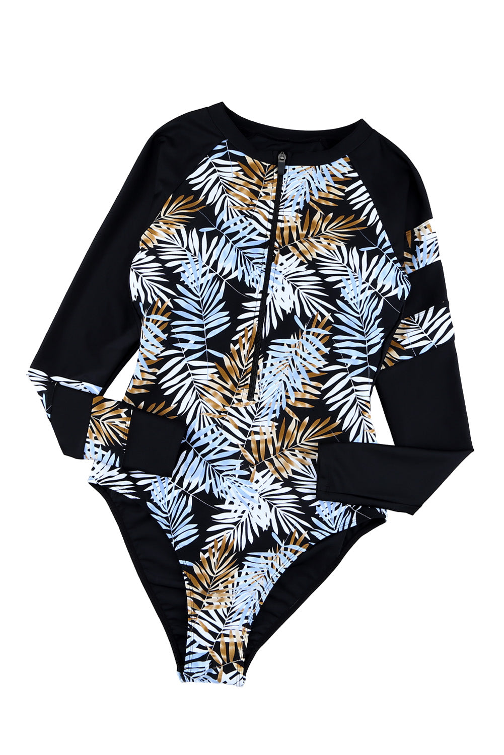 Leaves Print Zip-up Long Sleeve Surf Rash Guard Swimwear