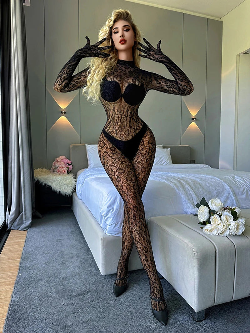 New With Gloves Leopard Print Jumpsuit Long-sleeved Transparent Tight Bodysuit Sexy Backless Body Stockings Long Pants Hot Tops