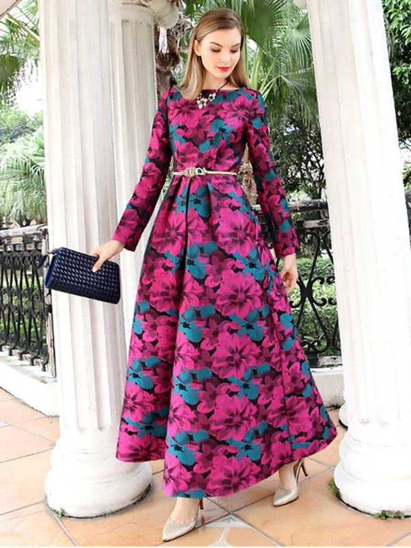 Women Long Maxi Autumn Winter Jacquard Dress Elegant Party Boho Fashion Floral Evening Vintage Dress Formal Vestidos