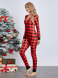 Back Buttoned Flap Pajamas Jumpsuit for Women Christmas Sleepwear Fall Winter Printed Long Sleeve Rompers Loungwear Outfit