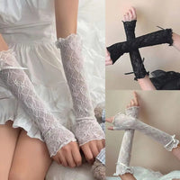 Lace Ruffle Lolita Lace Gloves Bowknot Strapping Black White Y2k Fingerless Mittens Mesh Japanese Mittens Cosplay Accessories