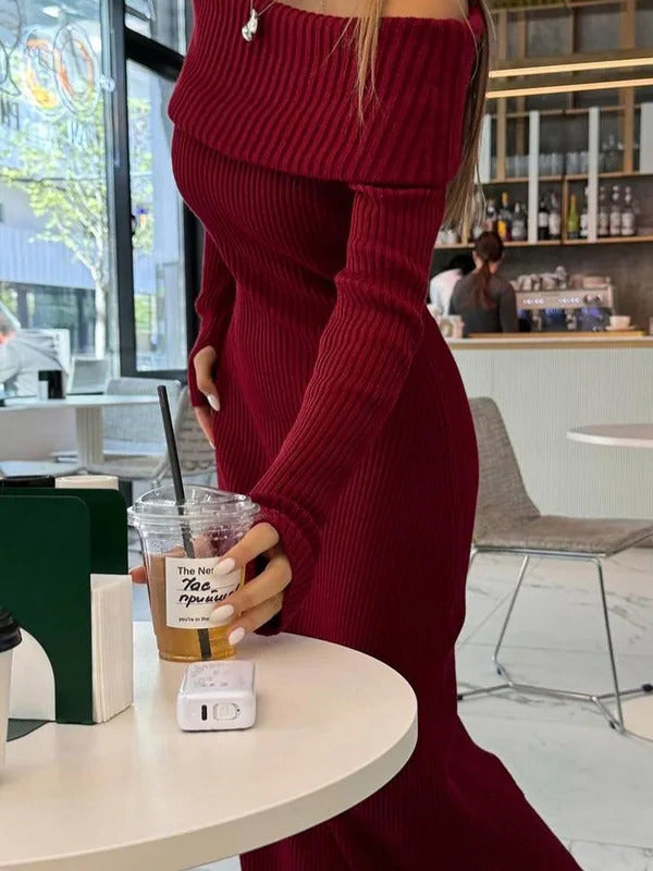 Tossy Fashion Knit Long Dress Off-Shoulder Female Ribbed Loose High Waist Elegant Autumn Party Dress Ladies Knitwear Maxi Dress