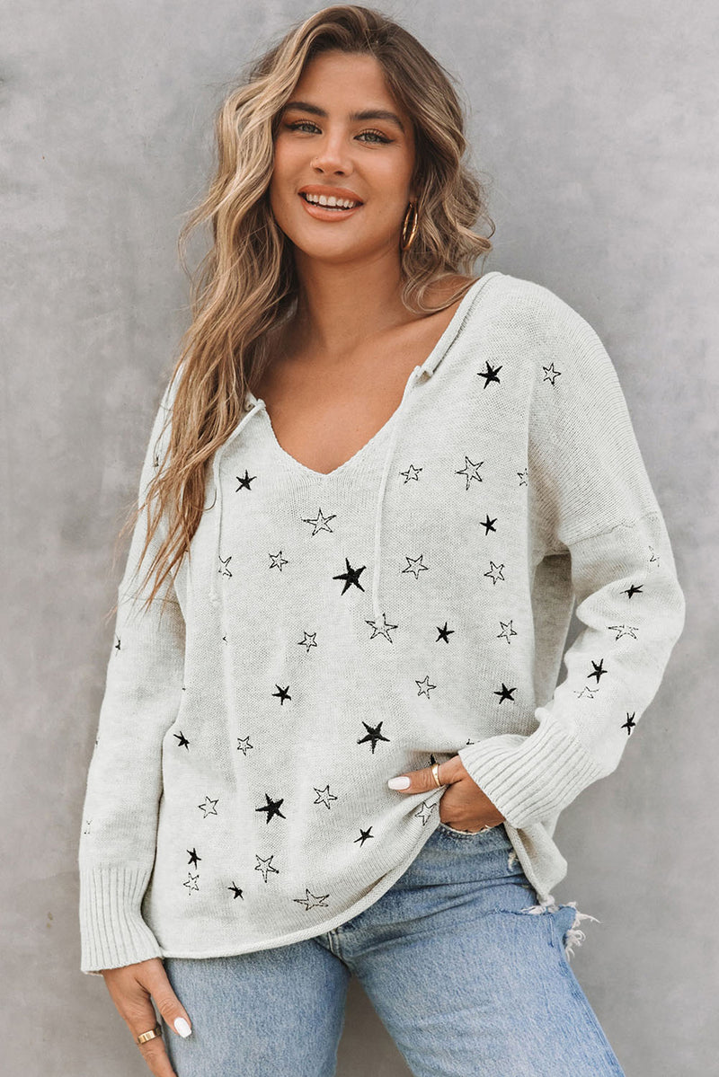 Gray Mini Starfish Embroidery Lightweight Knit Sweater