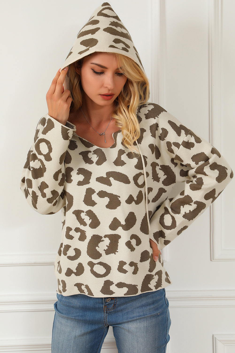 Leopard Drawstring Hooded Pullover Sweater