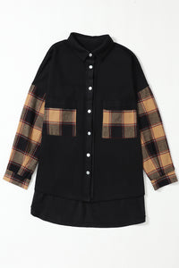 Black Plaid Patchwork Chest Pockets Oversized Shirt Jacket