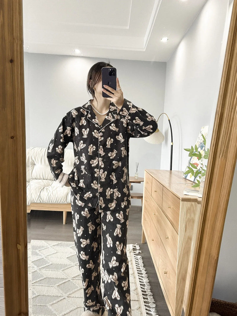 100% Cotton Pajamas for Women Loose Cartoon Long Sleeve Pants Loungewear Women 2 Piece Set Pj Women Outfit Sleepwear Set Pijamas