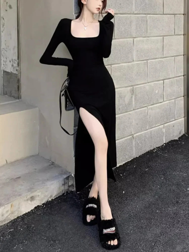 Sexy Side Slit Dress for Women Tight-fitting Wrap Hip Over-the-knee Long Sleeved Dresses Black Street Bodycon Spring Autumn