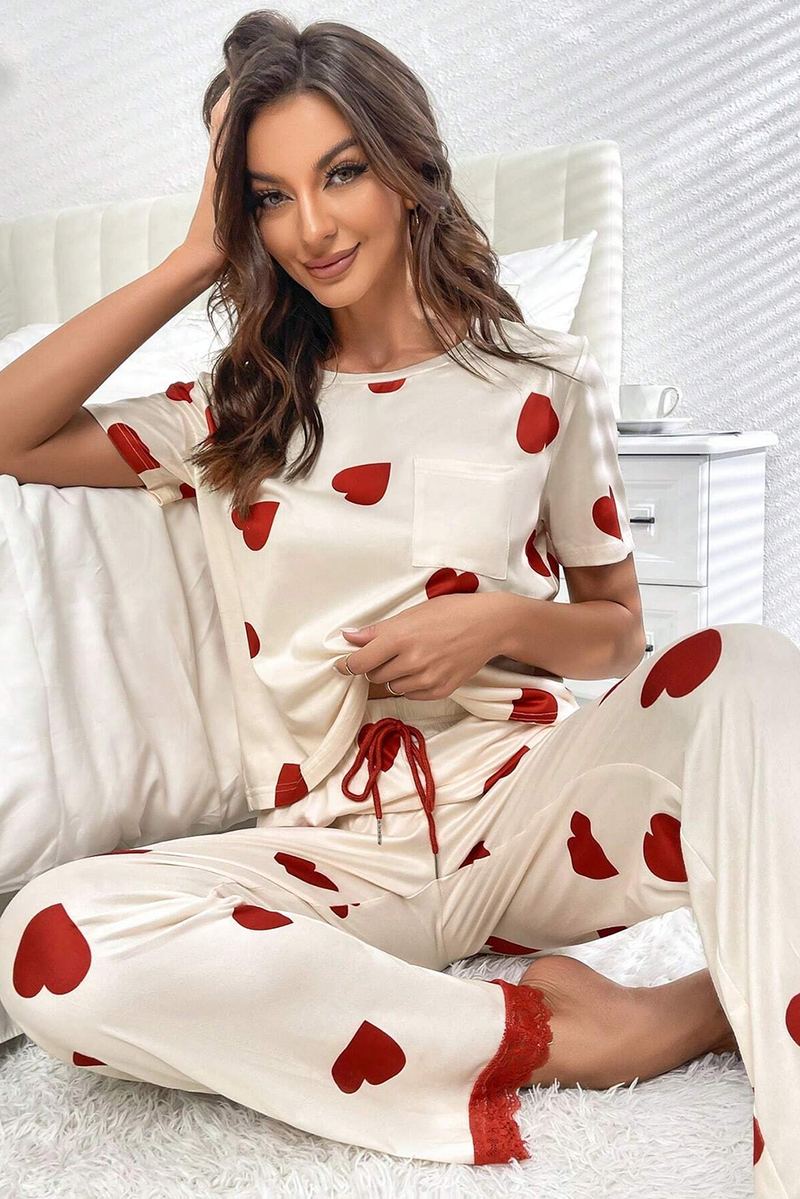 White Valentines Heart Print Lace Hem Tee Pants Pajama Set