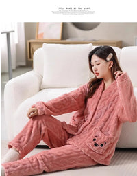 Thickened Warm Coral Velvet Pajamas Women's Autumn and Winter Padded Cartoon Bear Striped Flannel School Pajamas Winter Homewear