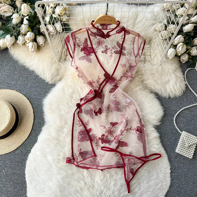 Sexy Slim Chinese Cheongsam Halter Nightwear Lingerie Halter Hollow Tassel Sleeveless Strap Dress Erotic Women Nightgown Pajama