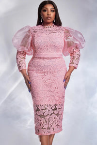 Women Plus Size Formal Dress Pink Lace Puff Sleeve See-Through Midi Dress Elegant Sweet Wedding Guest Cocktail Bodycon Dresses