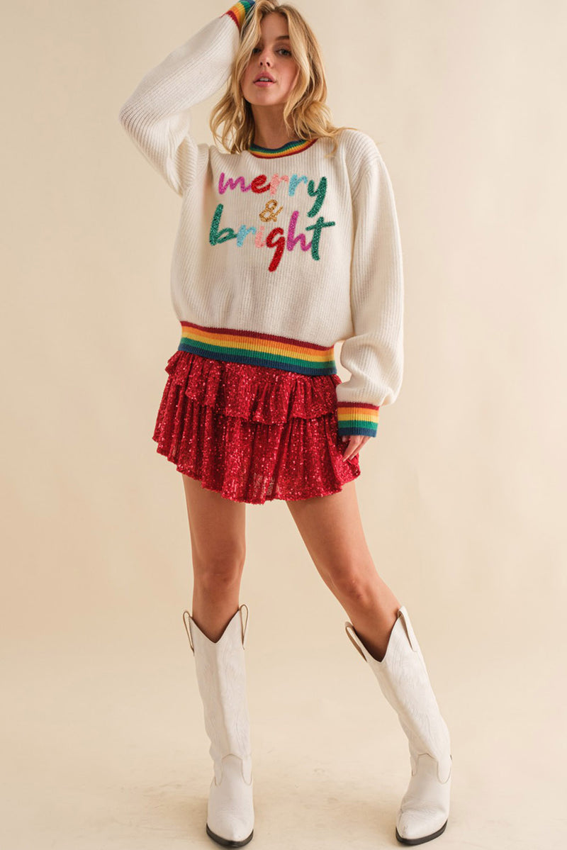 Black Glitter Merry & Bright Colorful Stripes Trim Sweater