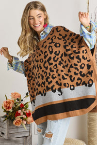 Camel Leopard Print Poncho Sweater