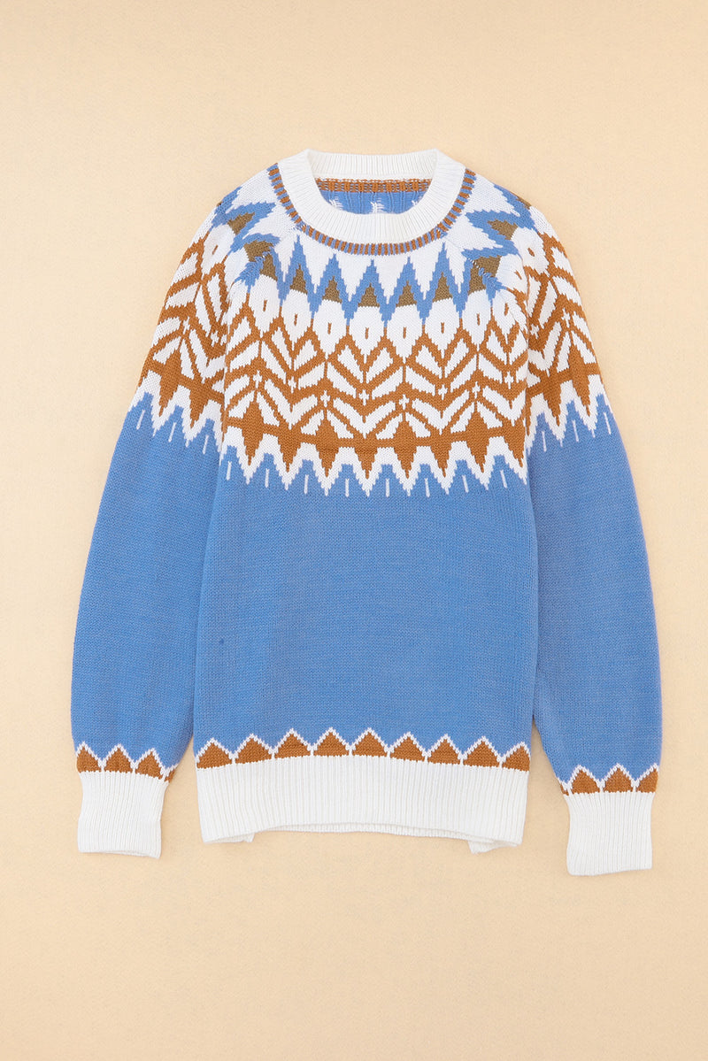 Blue Geometric Print Ribbed Trim Sweater