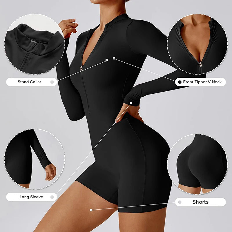 Zipper Sports Jumpsuits Women's Tracksuit One-Piece Fitness Suits Gym Clothing Female Sexy Long Sleeve Workout Overalls