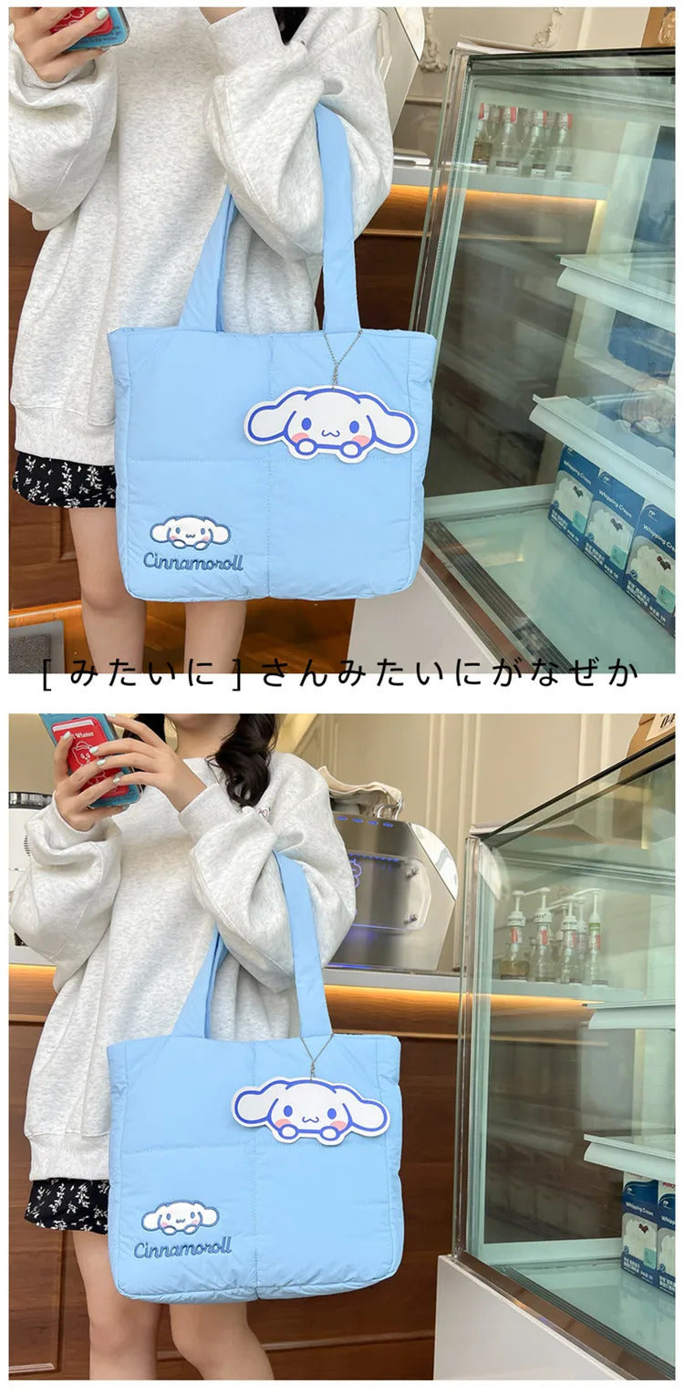 2024 New Sanrio Handbag Cartoon Cute Down Fabric Kuromi Tote Bag Shoulder Pacha Dog Cute Stationery Bag Large Capacity Handbag