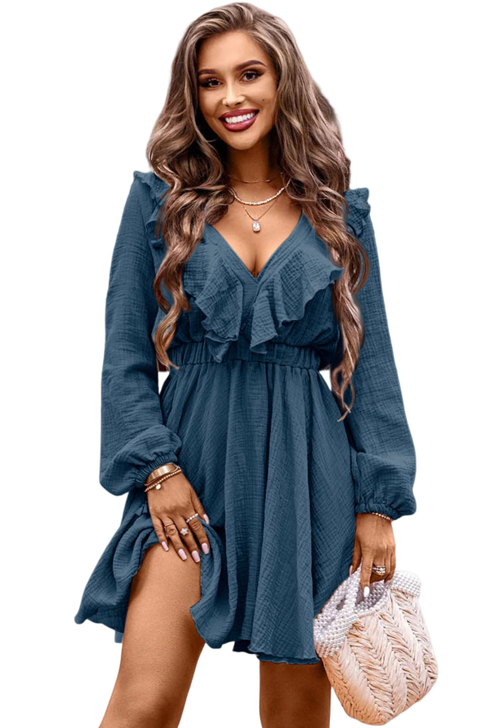 Women's Textured Ruffled V Neck High Waist Mini Dress