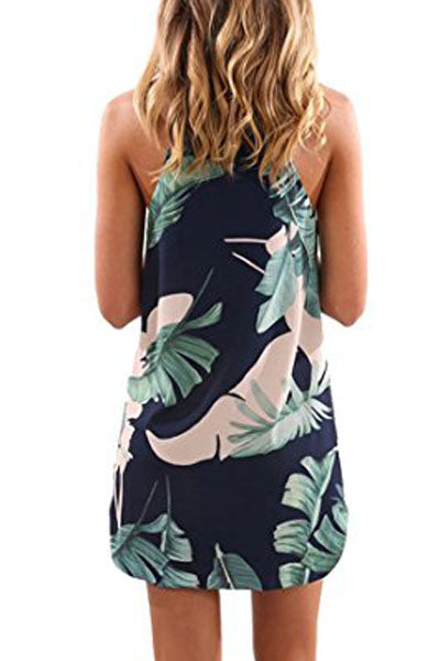 White Palm Tree Leaf Print Ivory Sleeveless Dress