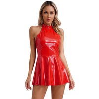 Womens Latex Swing Skirt Disco Dress Glossy Patent Leather Clubwear Halter Sleeveless Skater Mini Dress Rave Party Clubwear