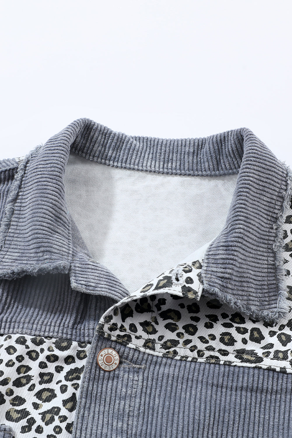 Gray Leopard Patchwork Corduroy Ripped Hem Button up Jacket