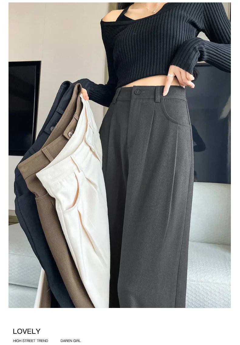 Autumn Winter Woolen Women's Wide Leg Pants 2024 New High Waist Button Korean Solid Vintage Casual Loose Full Trousers Female