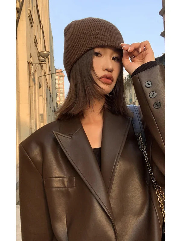 Brown Soft PU Leather Blazer Jacket Motorcycle Long Sleeve Single Breasted Casual Coats Tops 2024 Autumn New High Streetwear