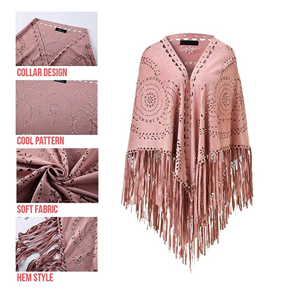 Women's Loose Suede Fringe Open Poncho Cloak Shawl Wrap with Punch Hole Patterns and Graceful Fringes Dropshipping