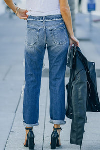 Sky Blue Cut Out Straight Leg Distressed Boyfriend Jeans