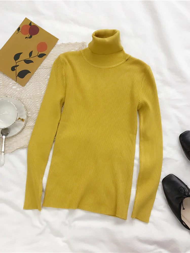 2024 Autumn Winter Thick Sweater Women Knitted Ribbed Pullover Sweater Long Sleeve Turtleneck Slim Jumper Soft Warm Pull Femme