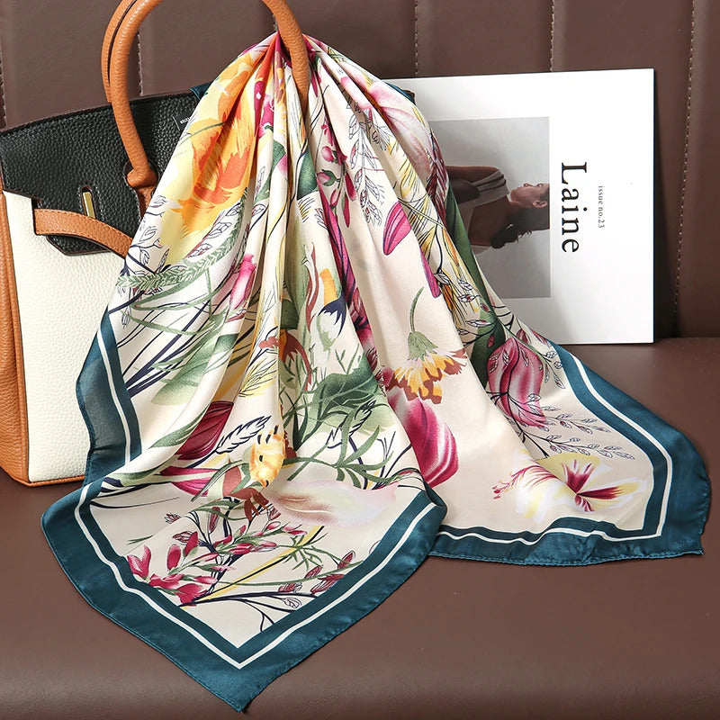 Luxury Print Satin Silk Square Scarf for Women Shawl Hijab Neckerchief Female Hair Ribbon Headband Fashion Wrap Bandana 2023 New