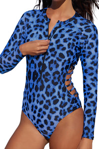 Green Leopard Print Zipper Cut-out Rash Guard Swimsuit