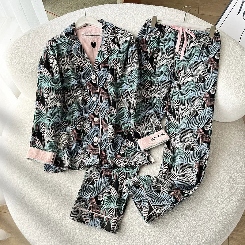 100% Cotton Pajamas for Women Loose Cartoon Long Sleeve Pants Loungewear Women 2 Piece Set Pj Women Outfit Sleepwear Set Pijamas