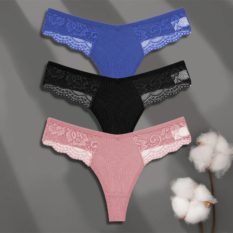 FINETOO 3Pcs Women's Cotton Underwear Lace Thongs Sexy Solid Color Low Waist Bikini Panties Ladies Breathable G-string Lingerie