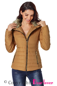 Camel Faux Fur Collar Trim Black Quilted Jacket